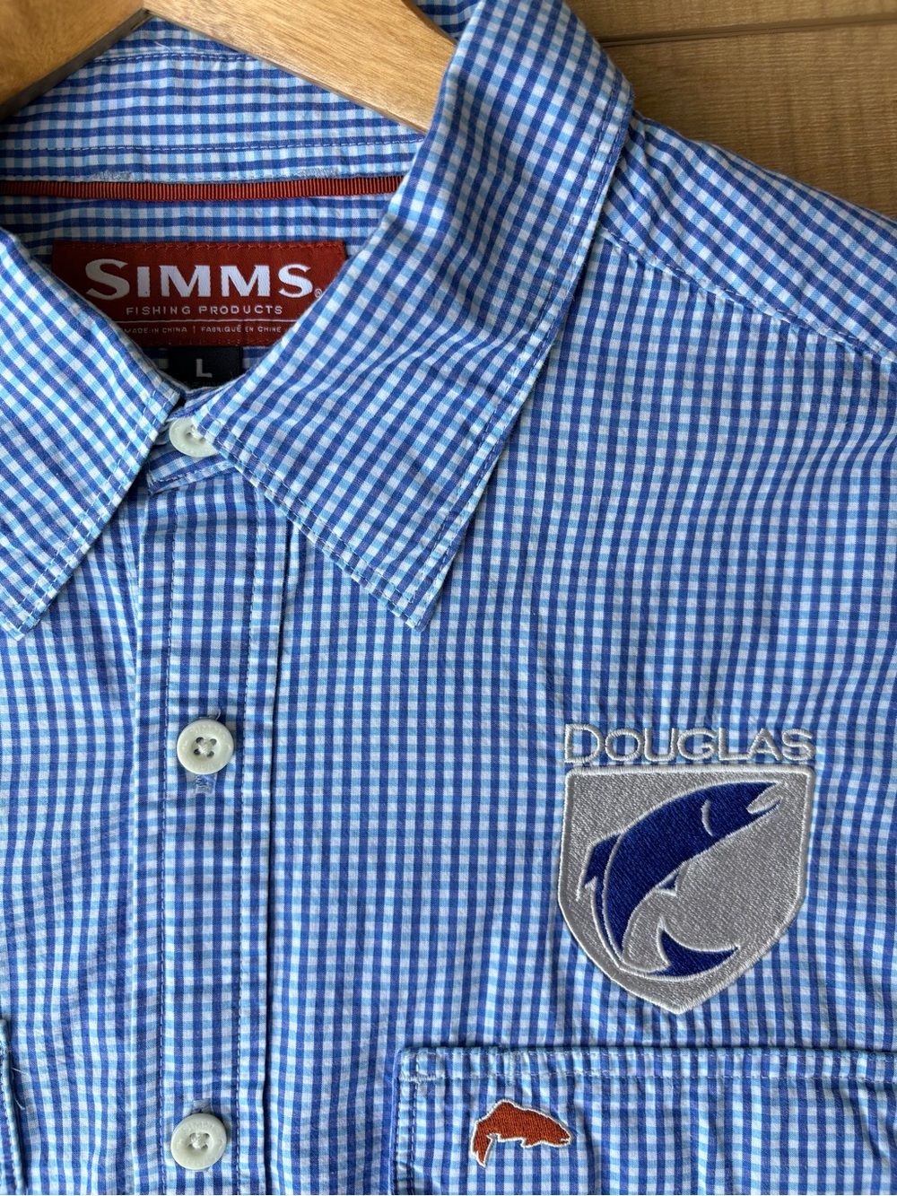 Simms Gingham Douglas Rods Embroidered Patch Button Down Fishing Shirt. Size L